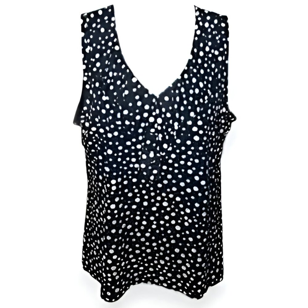 Chicos Black White Polka Dot Ruffle V-Neck Sleeveless Classic Dress Tank Top 2 L